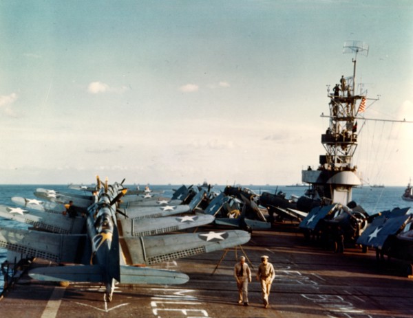 USS Santee (ACV-29)  Douglas SBD-3 Dauntless scout-bombers and Grumman F4F-4 Wildcat fighters on the ship's flight deck during Operation Torch, the November 1942 invasion of North Africa.