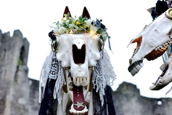 CHEPSTOW, UK. 20 January 2018. Sue Exton and John Exton from Monmouth. Chepstow Wassail and Mari Lwyd (the Grey Mare) celebrations. Itâ€™s a pre-Christian Welsh folk tradition that is said to bring go...