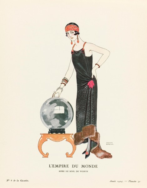 L‘Empire du Monde.  The Empire of the World.  Robe du Soir, de Worth.  Evening dress by Worth.  Art-deco fashion illustration by French artist George Barbier, 1882-1932.  The work was created for the ...