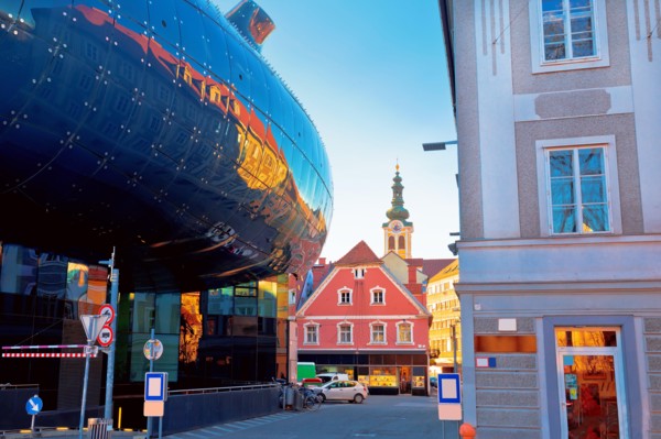 Graz cityscape modern and historic architecture street view, Styria region of Austria