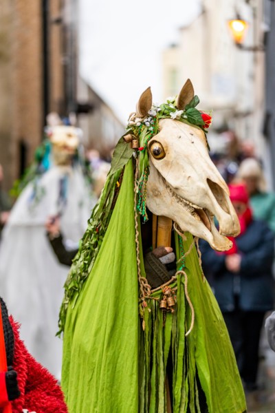 Chepstow, Wales, UK. 19th January 2019. 3pm Saturday 19th January 2019: Chepstow, Wales. The ancient Welsh tradition of Mari Lwyd sees decorated horse skulls  carried from door to door. Morris Dancers...