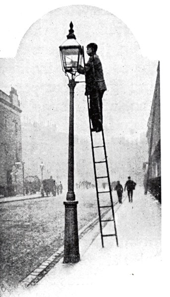 A print depicting a lamplighter lighting the street lamps as the sun begins to set. Dated 19th century