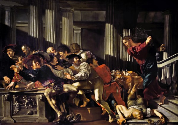 Christ Driving the Merchants from the Temple 1610 by Fransco Boneri. gen, Cecco de Caravaggio,  Italian, Italy, ( Caravaggists, Style of Caravaggio)