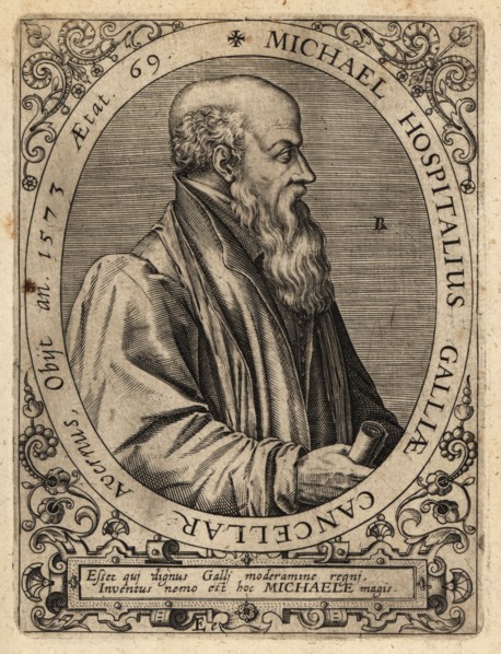 Michel de l'Hopital, 1507-1573, French statesman, ambassador,  chancellor, and Latin poet, at age 69. Michael Hospitalius Galliae Cancellar. Copperplate engraving by Johann Theodore de Bry from Jean-J...