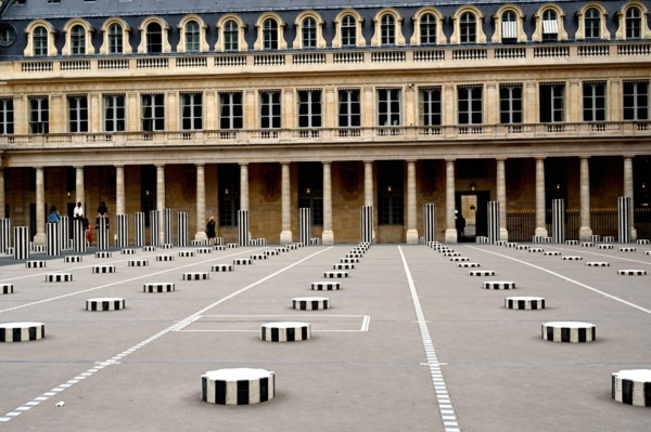 Paris, France - June 19, 2020: Cour d'Honneur in Palais Royal  in Paris, France : Famous Black and white Buren Columns