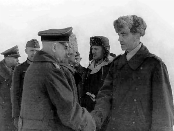 Field Marshal Paulus meets with Colonel General Heitz and other German officers, captured in Stalingrad. Photographed here are Generalleutnant Alexander Edler von Daniels (far left), Generalleutnant H...