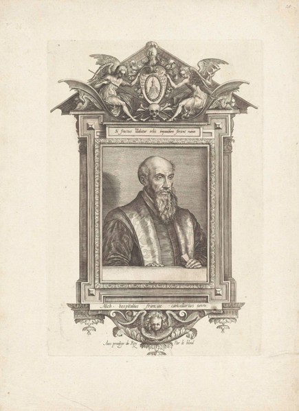 Portrait of Michel de l'Hospital. The portrait is caught in the architectural picture frame of an aedicula. At the top of the coat of arms of the portrayed, flanked by two angels. In the context of a ...