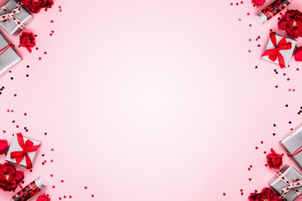 Saint Valentine Day or Mothers day card template, greeting or invitation flat lay for wedding. Top view on pink background with paper gift boxes with red ribbons decorated with heart confetti, shapes
