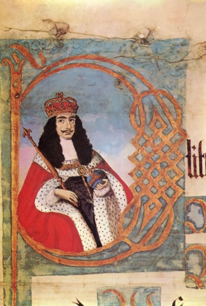 Charles II (1630-1685), 1661. A portrait taken from the Michaelmas plea roll (K.B. 27/1837). Plea rolls-áare parchment rolls recording details of-álegal-ásuits or actions in a court of law in England....