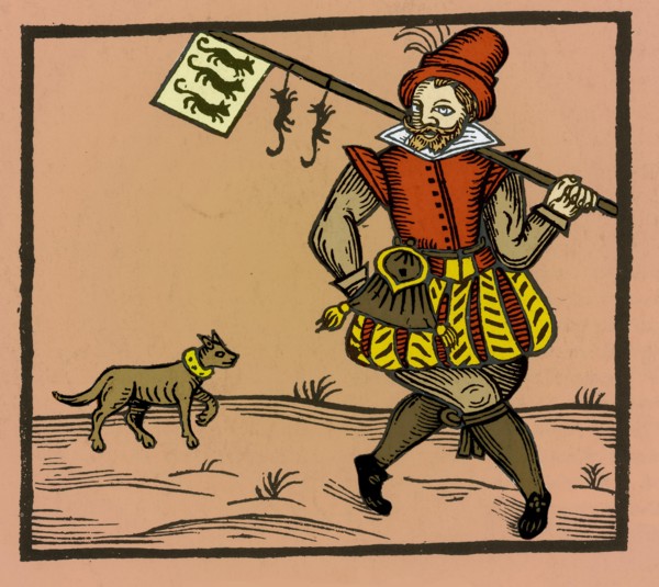 A rat catcher with flag, ensign of his trade. Keeping the rat population under control was practiced in Europe to prevent the spread of diseases to man, most notoriously the Black Plague and to preven...