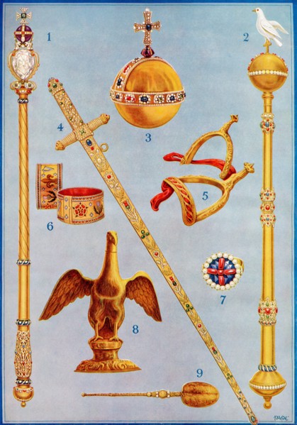 The Crown Jewels.  1. The King's Sceptre with the Cross. 2. The Sceptre with Dove. 3. The King's Orb. 4. The Jewelled Sword of State. 5. The Golden Spurs of St. George. 6. The Bracelets. 7. The Corona...