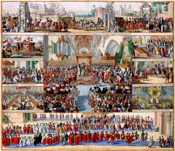 William III and his wife Mary Stuart were crowned as King and Queen of England during a session of the British House of Lords on 11 April 1689. Romeyn de Hooghe (1645-1708) documented this day in the ...