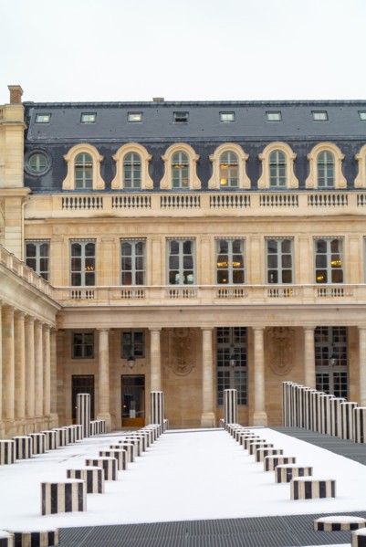 Black and white columns by Daniel Buren and the Conseil d'État, the Constitutional Council, and the Ministry of Culture, Palais Royal, Paris, France