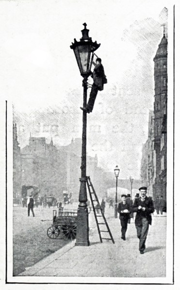 An engraving depicting a London lamplighter and his assistant recharging the reservoirs of oil street lamps. Dated 19th century