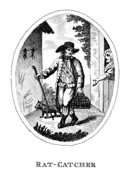 A rat-catcher and his dog; to the right a woman looks on. A rat-catcher is a person who practices rat-catching as a professional form of pest control. Keeping the rat population under control was prac...