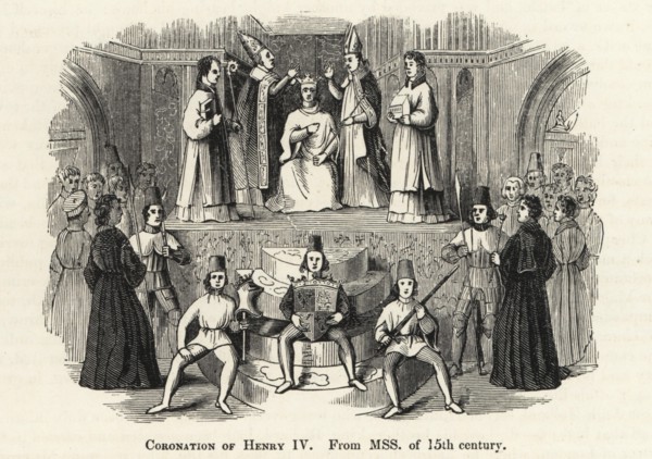 The coronation of King Henry IV (1367-1413) of England, 1399. The king is crowned by bishops in Westminster Abbey, while pages hold his coat of arms, helm and sword. Woodcut after an illuminated manus...