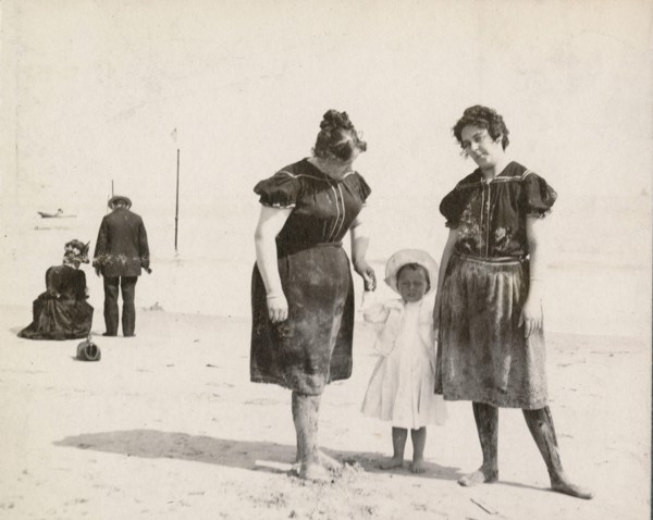 Antique 1898 photograph, Victorian mother and aunt with boy in sailor outfit at Manhattan Beach, Brooklyn, New York. SOURCE: ORIGINAL PHOTOGRAPH