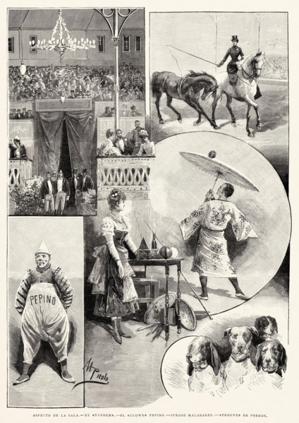 The Colón Circus was a circus installed in the Plaza de Alonso Martínez, in the city of Madrid (Spain), designed by the architect Emilio Muñoz in 1889. Spain. Old XIX century engraved illustration fro...
