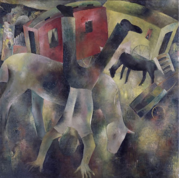 Fairground carriage with acrobat, painting, Tinus van Doorn, 1930, canvas, oil paint, painted, Carrier: 148 × 148cm 1480 × 1480mm, With frame: 153.2 × 153.2 × 4cm 1532 × 1532 × 40mm, animal, carriage,...