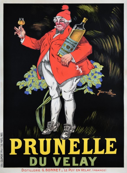 Vintage advertisement for alcohol. Prunelle du Velay. Author: Jarville. Distillerie G. Bonnet. French poster, 1922. Man holding a Prunelle bottle.