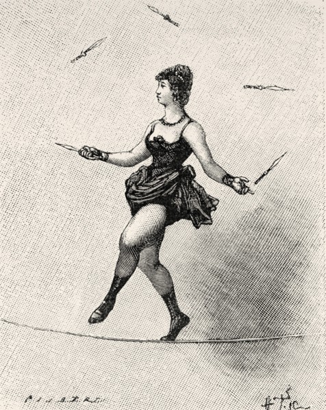 Strength and skill, young girl juggling on a wire at Champs-Elysees circus, Paris. France. Old 19th century engraved illustration from La Nature 1885