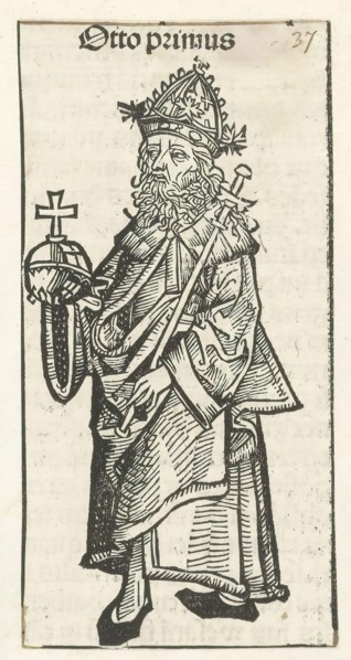 Emperor Otto I the Great, Otto primus (title on object), Liber Chronicarum (series title), A king with imperial apple and scepter, full-length. The depiction is part of the sequence of emperors in the...