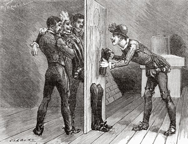 Mending a man cut into pieces, trick of the fairy tale Les Pilules du diable at the Chatelet theater in Paris, France. Old 19th century engraved illustration from La Nature 1890