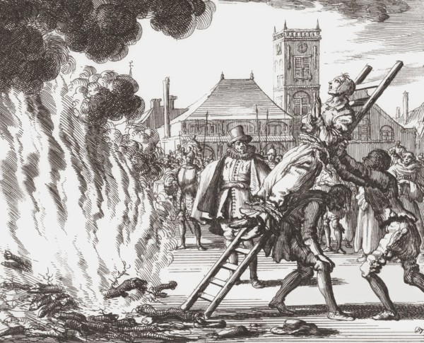 A witch condemned to be burned alive in 16th century Holland.  After a 17th century work by Jan Luyken.