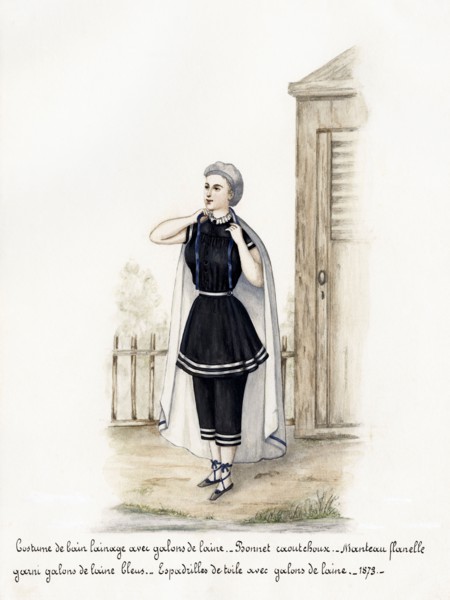 French fashion from the Victorian era dated 1873. Original watercolour painting with description of design in French language artist unknown