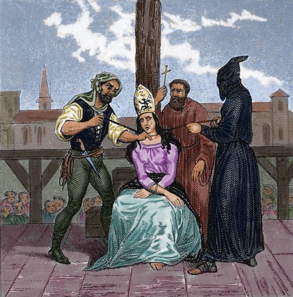 History. Europe. Witch hunt. Women convicted of being witches. Engraving. (Later colouration). 19th century.