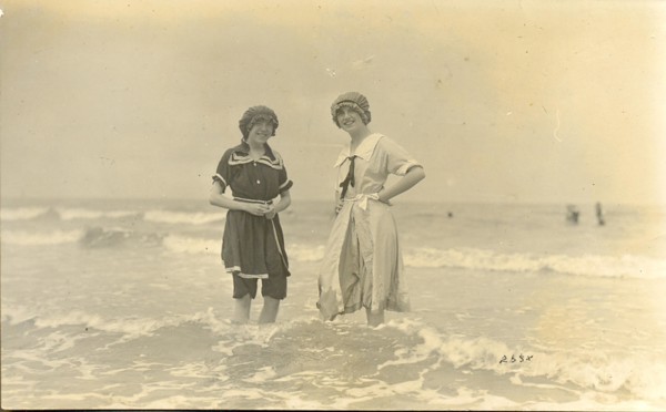 Photograph postcard of two girls in bathing costumes circa 1910