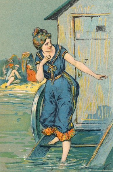 Postcard - vintage illustration of an Edwardian lady in bathing costume stepping into the sea from a bathing hut.