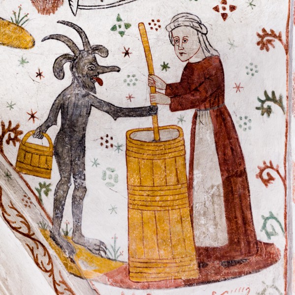 Medieval Fresco of a woman churning Butter with the Devil, Tingsted church, Denmark