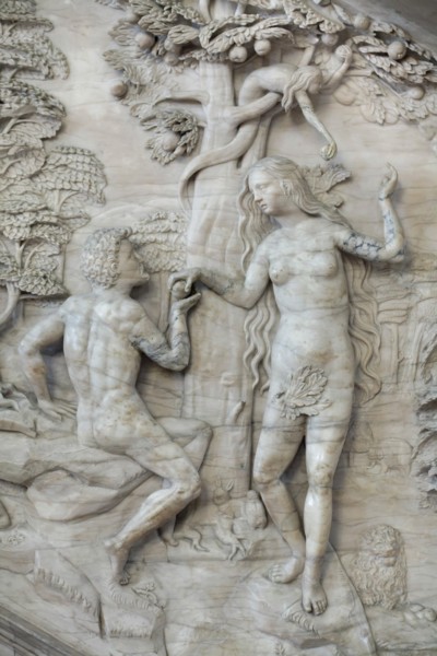 Adam and Eve. Renaissance relief on the Alabasterkanzel (Alabaster pulpit) in the Magdeburg Cathedral in Magdeburg, Saxony-Anhalt, Germany. The Alabaster pulpit was carved by German sculptor Christoph...