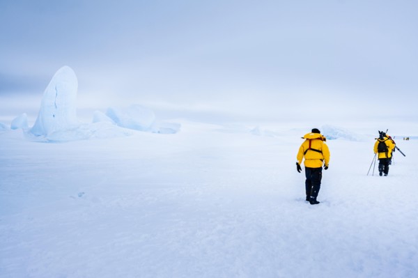 Trekking in the Antarctic Landscape. Traversing the sea ice of Snow Hill Island, Antarctica.