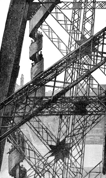 Workmen descending during construction of the Eiffel Tower between 1887 to 1889 as the entrance to the 1889 World's Fair, on the Champ de Mars in Paris, France. The wrought-iron lattice tower is named...