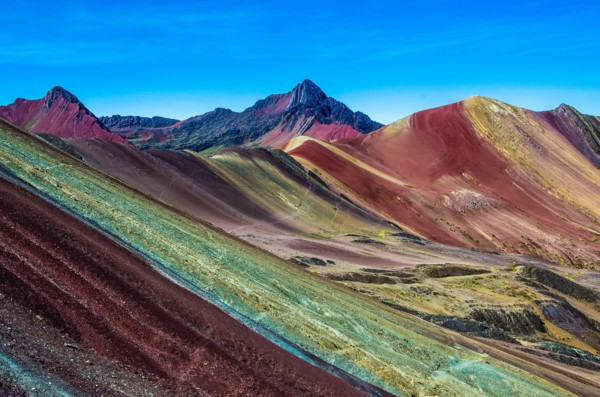 Vinicunca, Peru - Rainbow Mountain (5200 m) in Andes, Cordillera de los Andes, Cusco region in South America. Mountains Peru landscape