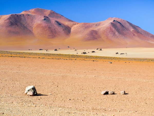 Rocky desert of andean altiplano. Salvator Dali desert in Eduardo Avaroa National Park, Bolivia, South America.