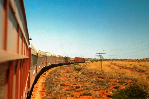 Central Australian Railways' Ghan train heads south from Finke, 1970