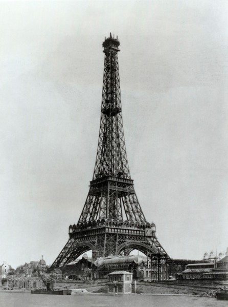 The 19th century vintage photo of construction work of the Eiffel Tower. March 1889. Paris, France.