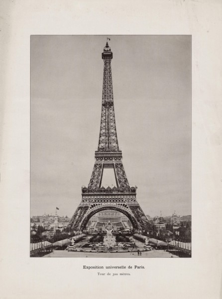 Vintage photo of Paris World Exhibition seen under the Eiffel Tower. 1889