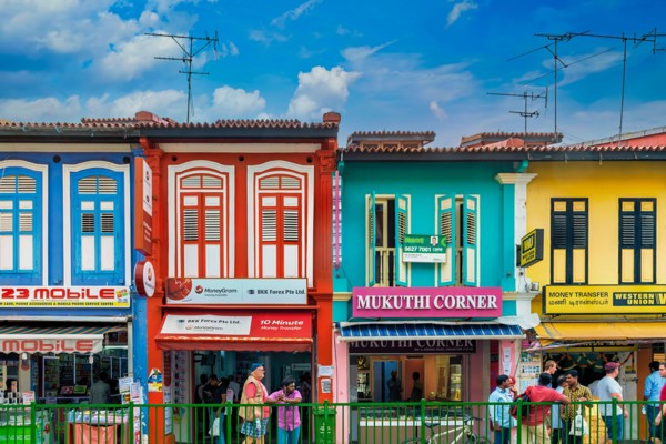 Colorful traditional shophouses in Little India, Singapore
