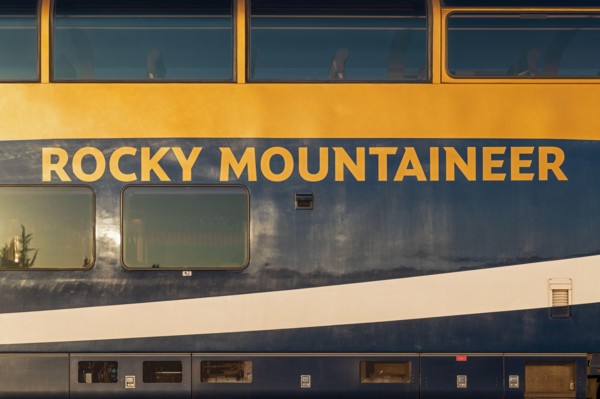 Gold leaf train wagon of the Rocky Mountaineer train ride between Vancouver and Jasper national park, Canada.