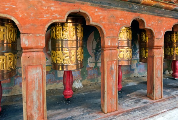 BU00367-00...BHUTAN - Prayer wheels at Kyichu Lhakhang near Paro, one of the oldest Temples in Bhutan.