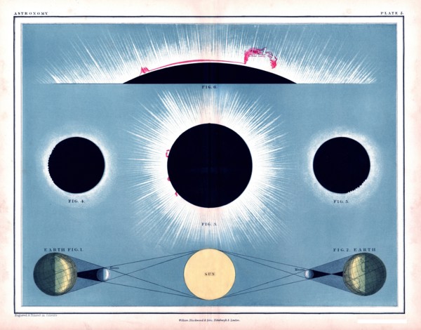 1855 Johnston Total Solar Eclipse Diagram showing solar flares and the sun's aurora