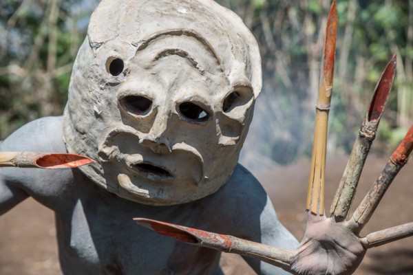 Masked Asaro Mudmen performance, Geremiaka village, Goroka area, Eastern Highlands Province, Papua New Guinea