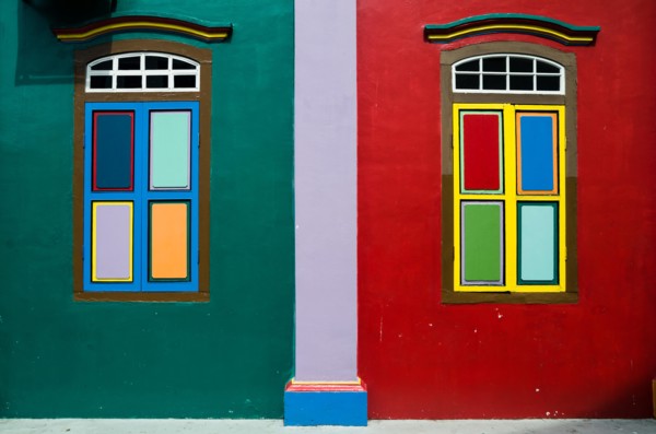 Colorful windows of House of Tan Teng Niah in Little India, Singapore. The building was built 1900, with Southern Chinese and European influences.