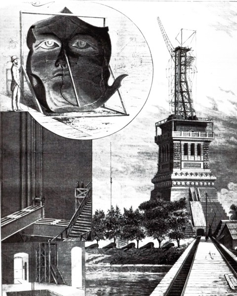 An engraving depicting the construction of the Statue Of Liberty in New York, designed by French sculptor Frederic Auguste Bartholdi and built by Gustave Eiffel. The statue was dedicated to America on...