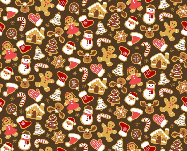 Christmas seamless pattern with gingerbread cookies isolated on dark brown background. Warm colors. EPS 10 vector illustration.