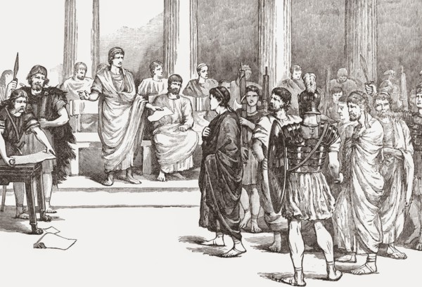 The Catilinarian conspirators before the Senate.  Roman patrician Lucius Sergius Catilina, 108–62 BC, also known as Catiline, is remembered for his failed attempt to overthrow the Republic.  After a 1...